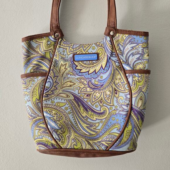 Longaberger Tote Blue Green Paisley Faux Leather Trim Handles EUC - Picture 3 of 12